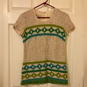 Vintage 70s Beige Top with Green and Blue Accents